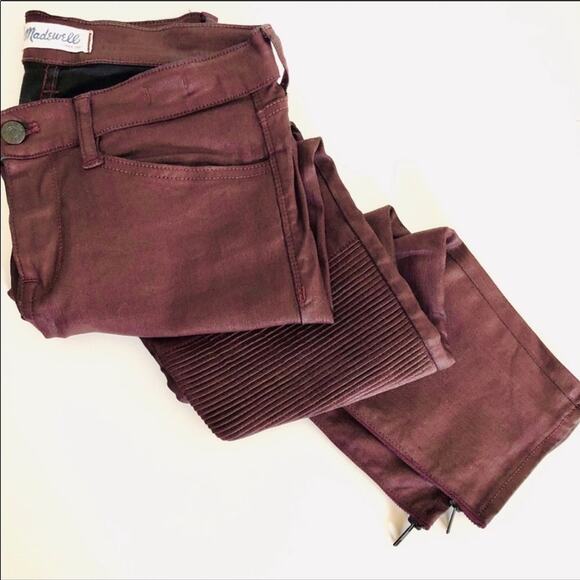 MADEWELL Maroon Waxed Coated Moto Zipper Ribbed Knee Ankle Skinny Pant Jeans 28 - Picture 2 of 7